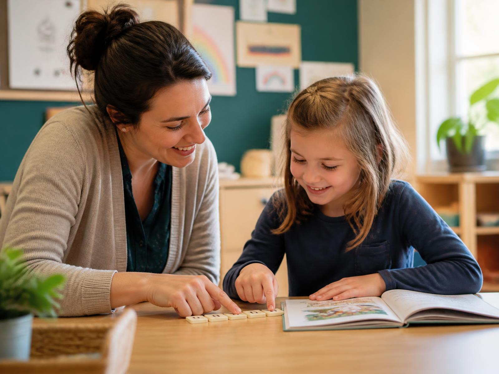 A reading tutor working one-on-one with a student using letter tiles and a decodable book
