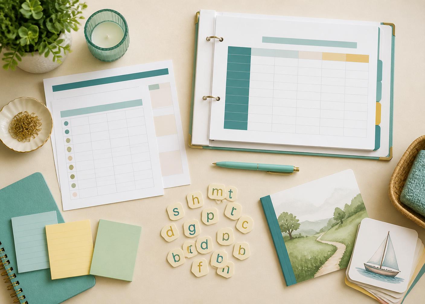 Printed scope and sequence, word lists, letter tiles and decodable readers arranged on a desk
